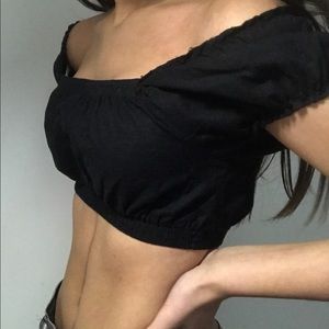 Black Off-the-shoulder Puffy Sleeve Cropped Bandeau Top [Abercrombie & Fitch]